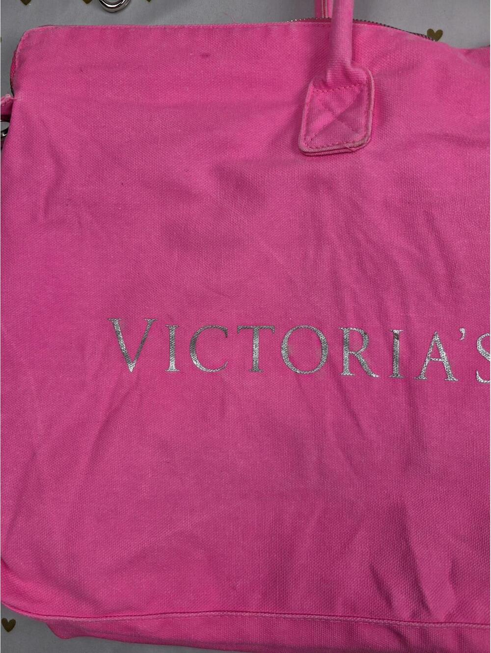Victoria's Secret NEON PINK Tote Canvas Logo Duffel Bag Purse Long Strap - Picture 2 of 9